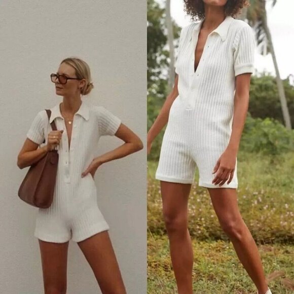 Rue Stiic Ribbed Knit Short-Sleeve Button-Up Beige Romper With Collar/ M - Picture 1 of 9